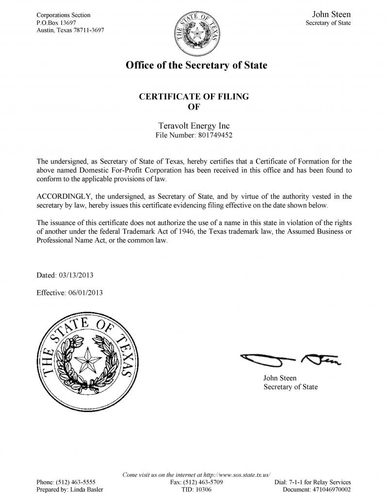 Certificate of Filing